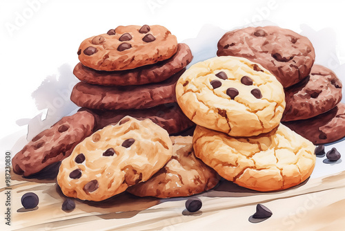 Fresh baked cookies including chocolate chip, oatmeal, sugar, Watercolor illustration, Generative AI