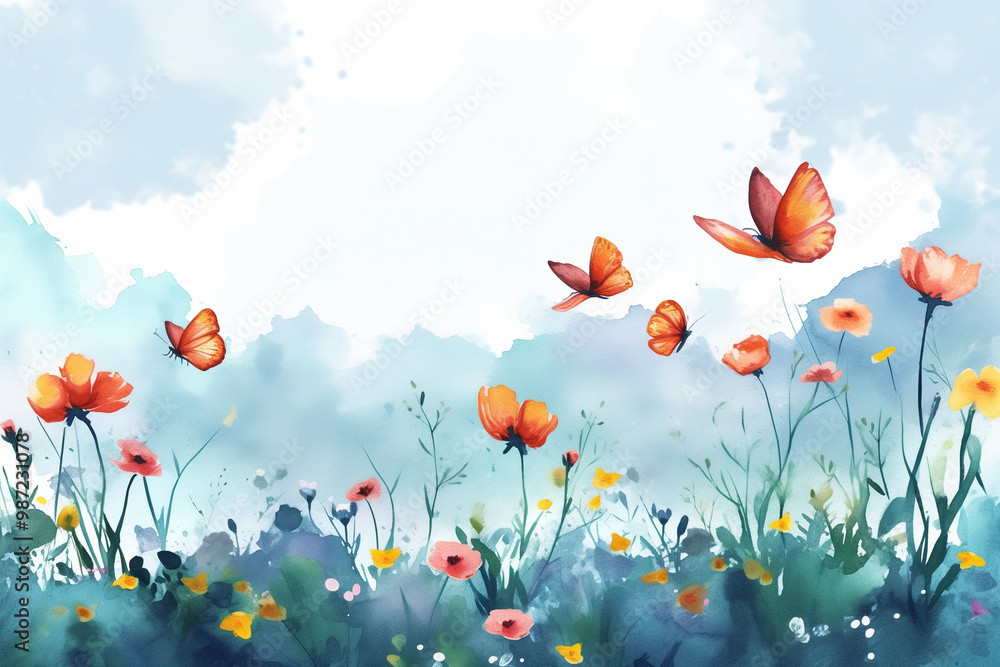 A spring theme with blooming flowers, butterflies, and a bright blue sky, Watercolor illustration, Generative AI A spring theme with blooming flowers, butterflies, and a bright blue sky, Watercolor illustration, Generative AI