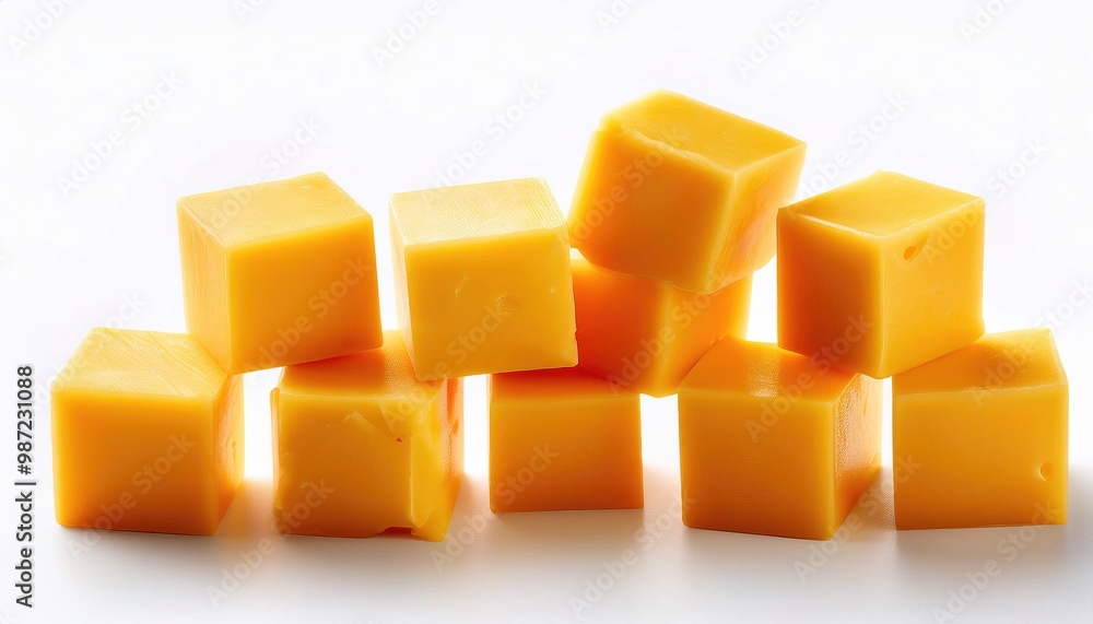 Cheddar cheese squares, cube chunk, a natural cheese that is relatively hard, off white yellow orange color, and sometimes sharp tasting. used in cooking. isolated on white background with copy space Cheddar cheese squares, cube chunk, a natural cheese that is relatively hard, off white yellow orange color, and sometimes sharp tasting. used in cooking. isolated on white background with copy space
