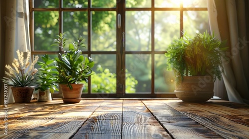 Table background of free space and blurred window background.Copy space for your decoration and sofa in home interior.