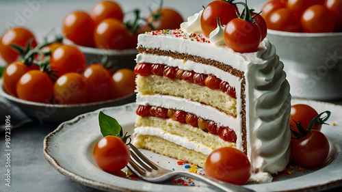 A beautiful decorated Birthday cake with cherry tomatoes and whipped cream