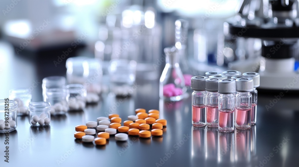 A clean arrangement of sealed vials and assorted pills on a sterile laboratory surface, highlighting medical research tools. A clean arrangement of sealed vials and assorted pills on a sterile laboratory surface, highlighting medical research tools.