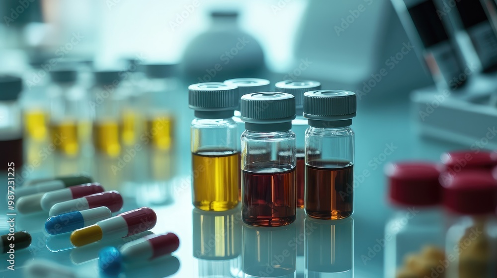 A clean arrangement of sealed vials and assorted pills on a sterile laboratory surface, highlighting medical research tools. A clean arrangement of sealed vials and assorted pills on a sterile laboratory surface, highlighting medical research tools.
