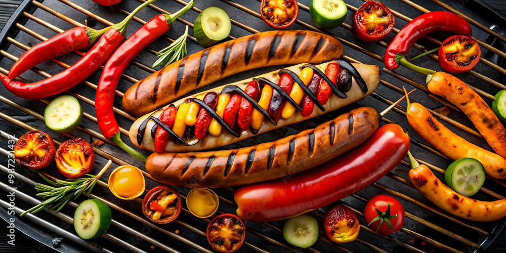 Aerial view of sizzling hot dog and grilled vegetables on barbecue grill , barbecue, hot dog, vegetables, grilling Aerial view of sizzling hot dog and grilled vegetables on barbecue grill , barbecue, hot dog, vegetables, grilling