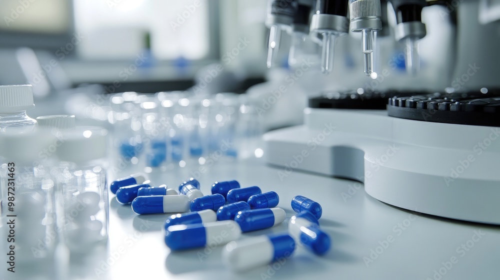A close-up of blue and white capsules beside glass vials on a sterile white laboratory table, focusing on pharmaceutical elements. A close-up of blue and white capsules beside glass vials on a sterile white laboratory table, focusing on pharmaceutical elements.