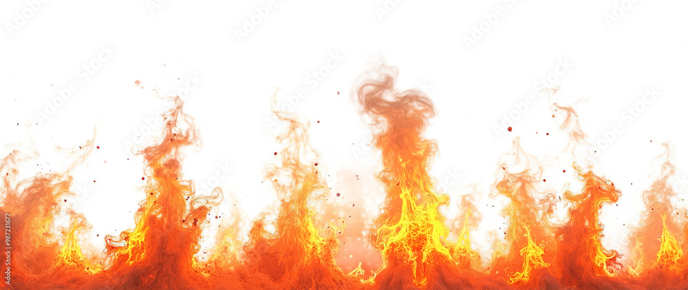 Vibrant bottom border, intense fire with dynamic flames and heat waves against a stark, isolated on transparent background Vibrant bottom border, intense fire with dynamic flames and heat waves against a stark, isolated on transparent background