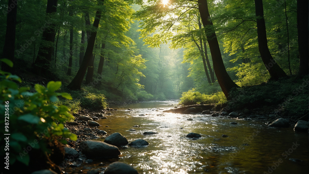 Gentle stream illuminated by sunlight flowing through a verdant forest at dawn Gentle stream illuminated by sunlight flowing through a verdant forest at dawn