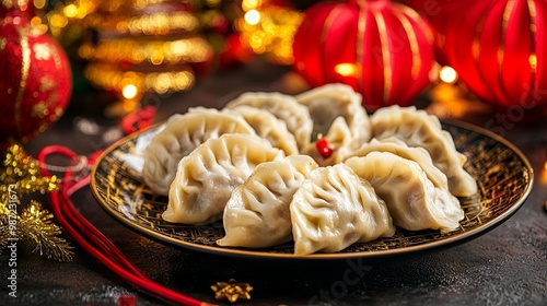 A plate of Chinese dumplings (Jiaozi) with chopsticks, surrounded by festive Chinese New Year decorations and red lanterns, perfect for banners or posters.