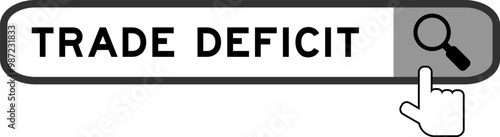 Search banner in word trade deficit with hand over magnifier icon on white background