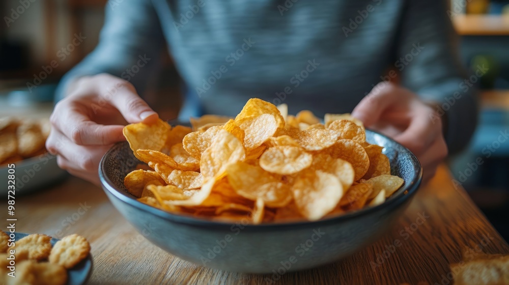 Candid 45-Degree Angle Snapshot: A Person Enjoys Chips, Cookies, and Junk Food at Home Candid 45-Degree Angle Snapshot: A Person Enjoys Chips, Cookies, and Junk Food at Home