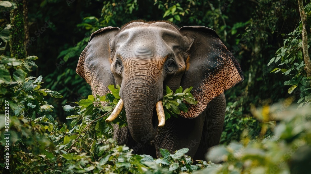 Fototapeta premium An elephant tearing branches from a tree with its trunk, leaves and small twigs visible as it chews, with the dense forest as a background