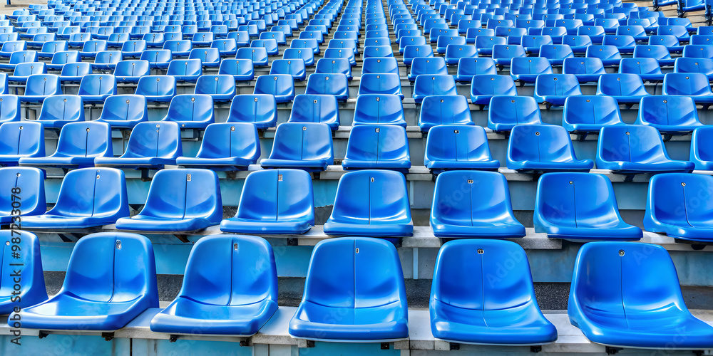 Naklejka premium Empty blue plastic stadium seats , empty, blue, plastic, stadium, seats, rows, event, audience, sports, arena, chairs, seating