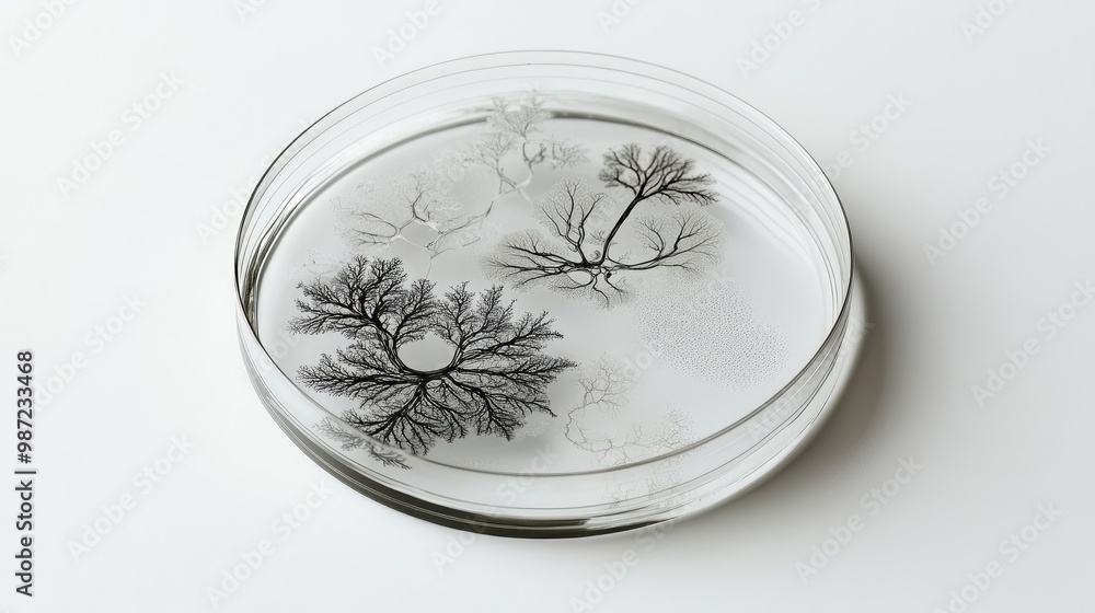 A transparent petri dish containing bacteria and fungi, showing intricate growth patterns on a clean white surface. A transparent petri dish containing bacteria and fungi, showing intricate growth patterns on a clean white surface.