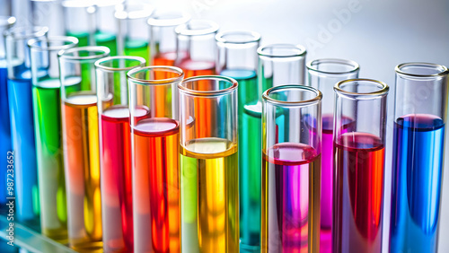 Close-up of colorful laboratory test tubes on a white background, science, research, chemistry, experiment, analysis, lab