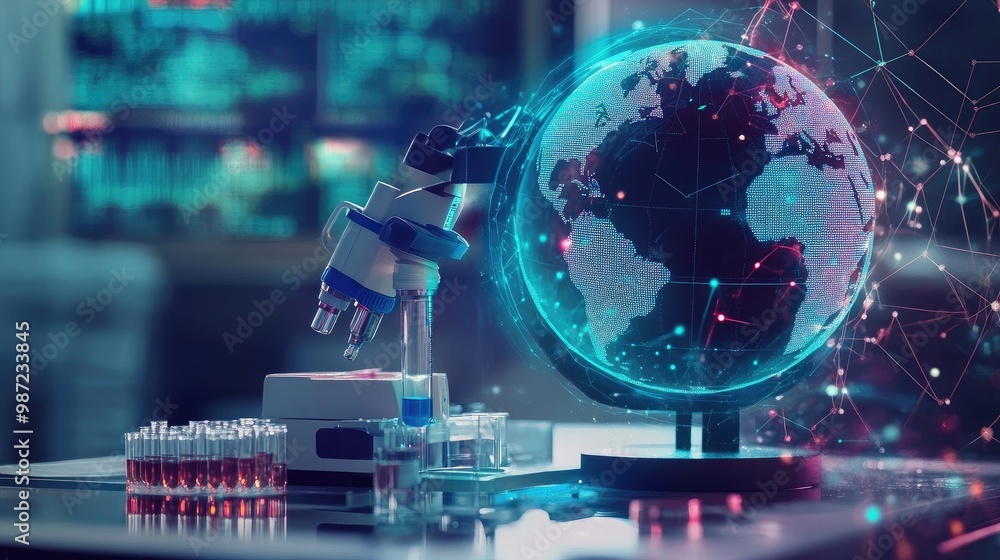 Close-up of a medical specimen under analysis, with an abstract globe design in the background, symbolizing world health. Close-up of a medical specimen under analysis, with an abstract globe design in the background, symbolizing world health.