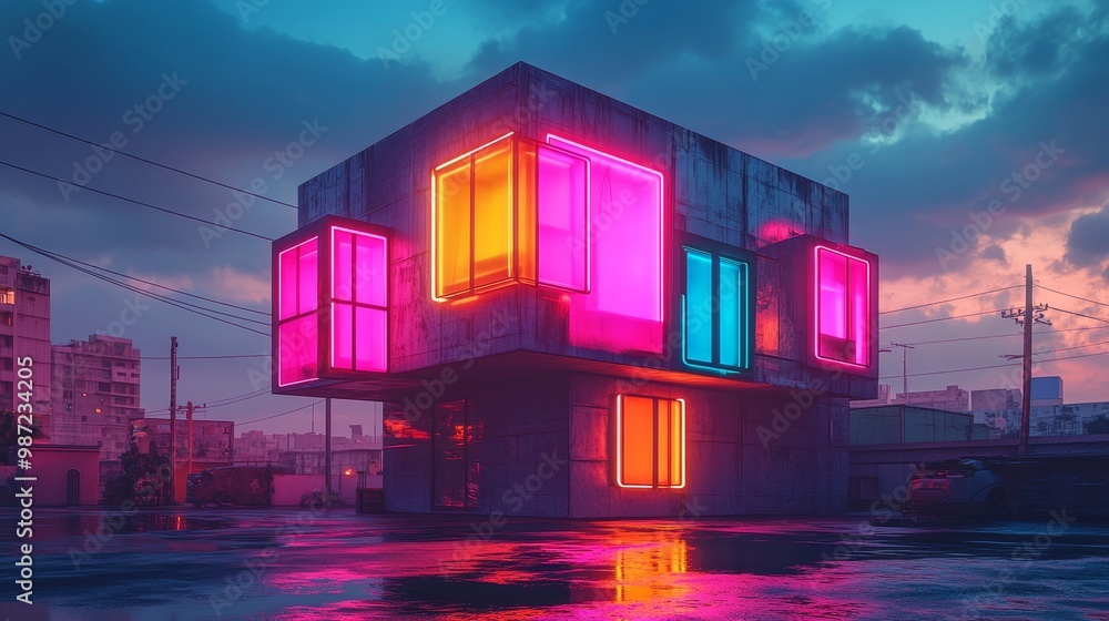 A symmetrical cube home with multicolored window frames, reflecting bright neon lights under a dark sky, futuristic neighborhood in the background, Cyberpunk, Photorealistic A symmetrical cube home with multicolored window frames, reflecting bright neon lights under a dark sky, futuristic neighborhood in the background, Cyberpunk, Photorealistic
