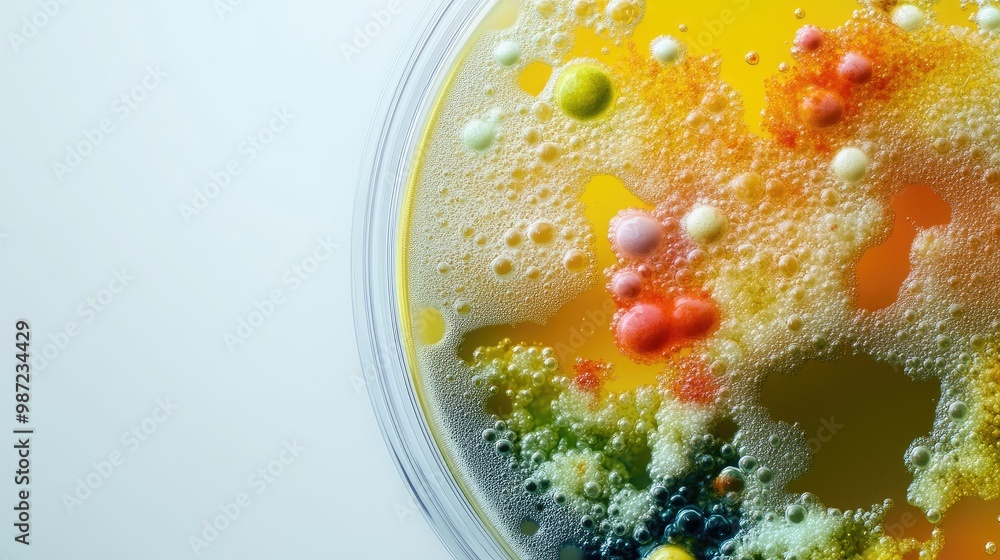 Close-up of colorful bacterial and fungal growth in a petri dish, placed on a clean white background, with detailed textures. Close-up of colorful bacterial and fungal growth in a petri dish, placed on a clean white background, with detailed textures.