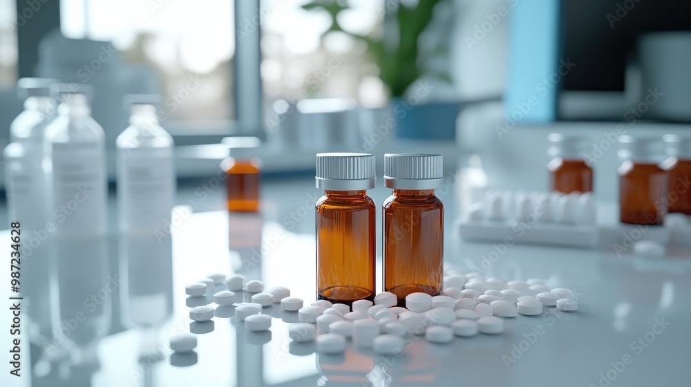 Close-up of vials and round white pills scattered on a simple laboratory bench, emphasizing pharmaceutical elements. Close-up of vials and round white pills scattered on a simple laboratory bench, emphasizing pharmaceutical elements.
