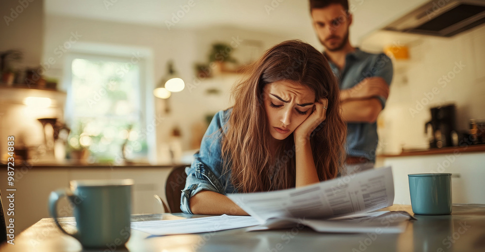 Woman very worried about bills in the kitchen with her partner Woman very worried about bills in the kitchen with her partner