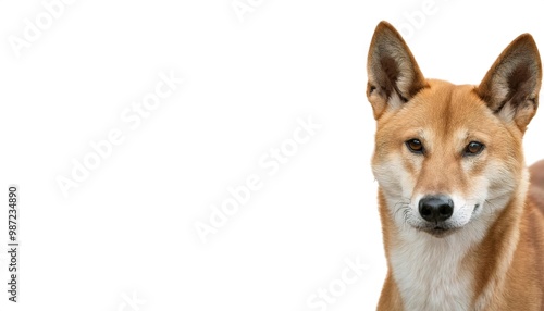 Dingo - Canis familiaris dingo, or Canis lupus dingo - is an ancient lineage of wild dog found in Australia. Isolated on white background with copy space. Closeup portrait of head and face photo