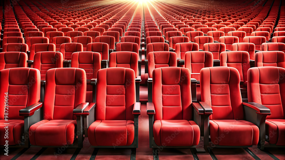 Naklejka premium Rows of red cinema seats , theater, movie, cinema, entertainment, auditorium, seats, audience, red, film, screenings, event