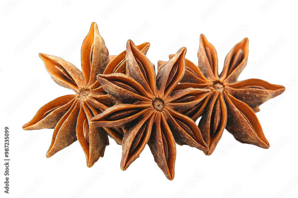 Three star anise pods arranged together, showcasing their unique star shape and rich brown color, perfect for culinary uses. Three star anise pods arranged together, showcasing their unique star shape and rich brown color, perfect for culinary uses.
