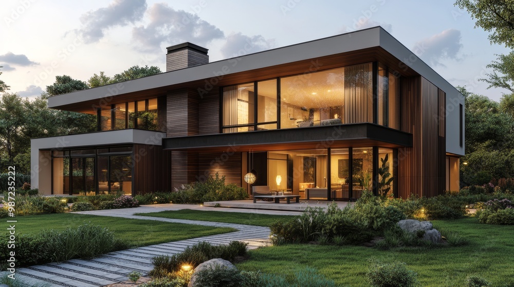 Architectural cube house, first floor in rustic wood paneling, upper floors in brushed metal, clean lines, sunset lighting, futuristic vibe Architectural cube house, first floor in rustic wood paneling, upper floors in brushed metal, clean lines, sunset lighting, futuristic vibe