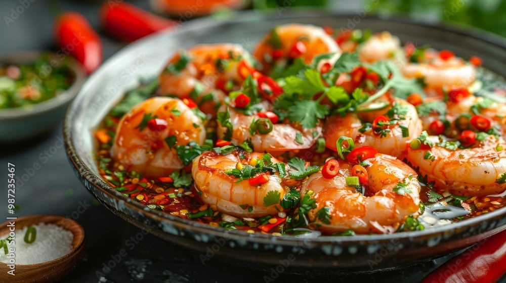 Top Table View Shrimp soaked in fish sauce Spicy, salty and sour Thai appetizers Top Table View Shrimp soaked in fish sauce Spicy, salty and sour Thai appetizers