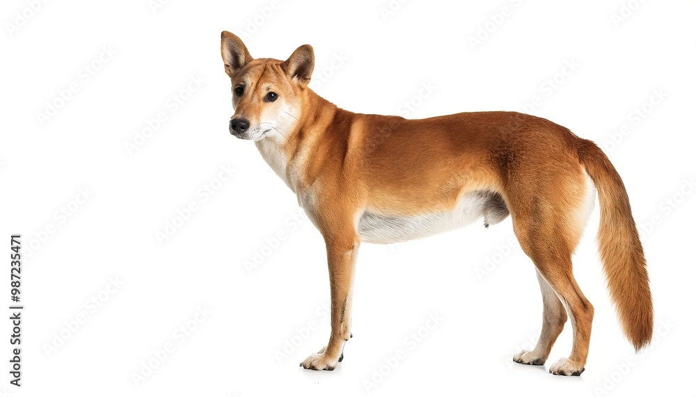 Dingo - Canis familiaris dingo, or Canis lupus dingo - is an ancient lineage of wild dog found in Australia. Isolated on white background with copy space. standing side profile view Dingo - Canis familiaris dingo, or Canis lupus dingo - is an ancient lineage of wild dog found in Australia. Isolated on white background with copy space. standing side profile view