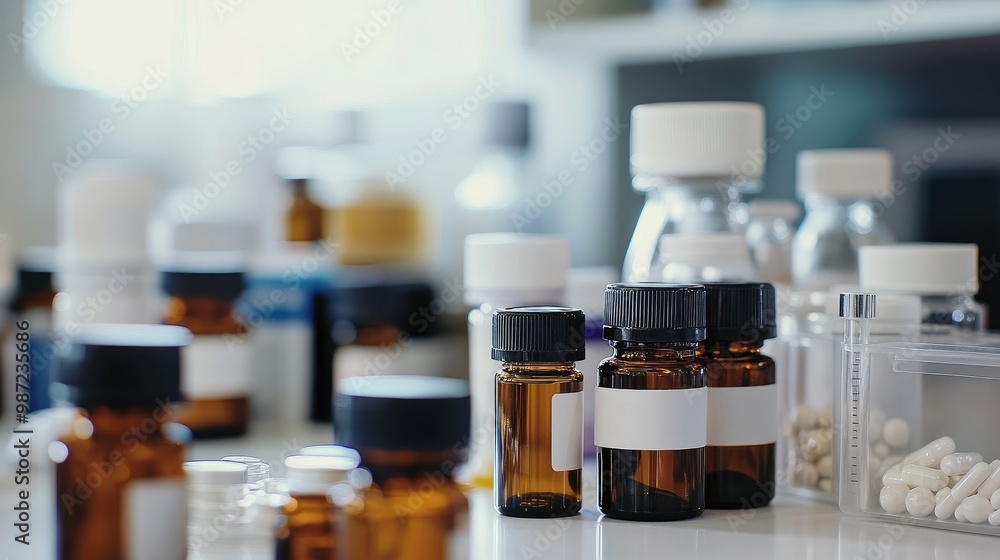 Various pill bottles and vials neatly placed on a laboratory bench, with a focus on the details of the objects. Various pill bottles and vials neatly placed on a laboratory bench, with a focus on the details of the objects.