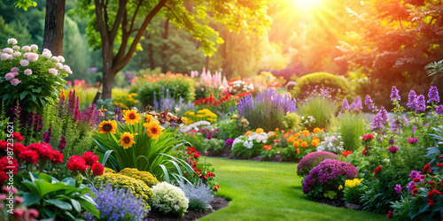 Fototapeta Naklejka Na Ścianę i Meble -  Vibrant flowers and lush greenery create a stunning and colorful garden scene , Beautiful, garden, flowers, vibrant