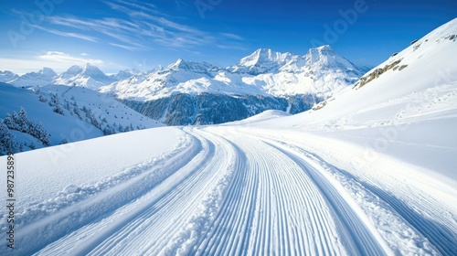 Ski tracks cut through fresh snow on a Swiss Alps slope, with panoramic views of the surrounding snow-capped mountains under a bright, clear sky.