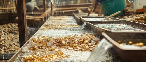 Workers using sluice boxes, water flowing rapidly as rocks and sediment are filtered, small nuggets of gold trapped in the riffles of the sluice, landscape view
