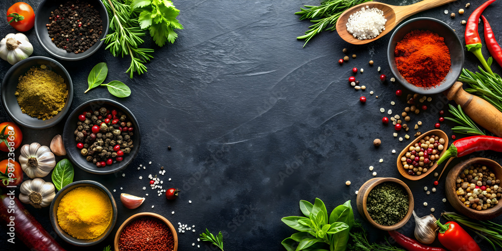 Top view of black stone cooking background with assorted spices and fresh vegetables , black stone, cooking Top view of black stone cooking background with assorted spices and fresh vegetables , black stone, cooking