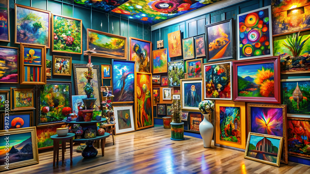 Fototapeta premium A vibrant and eclectic mix of various art forms including painting, sculpture, photography, and digital art