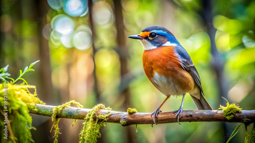 Fototapeta premium Bird perched on a tree branch in a forest setting, bird, tree, nature, wildlife, feathers, wings, outdoors, chirping, tweeting