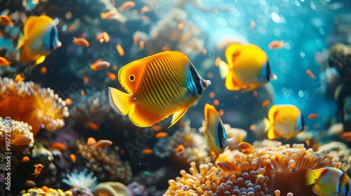 Tropical sea underwater fishes on coral reef. Aquarium oceanarium wildlife colorful marine panorama landscape nature snorkel diving