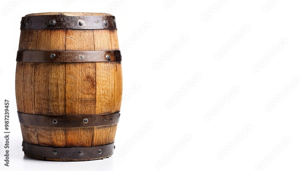 Fototapeta premium Large wooden barrel, keg or cask for alcohol drinks containing whiskey, beer or wine, spirits. isolated on white background with copy space. used to transport nails, gunpowder, or other liquids