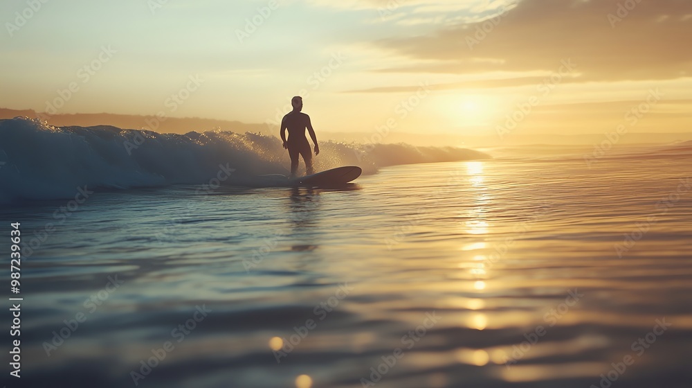 A surfer catches a wave at sunset. A surfer catches a wave at sunset.