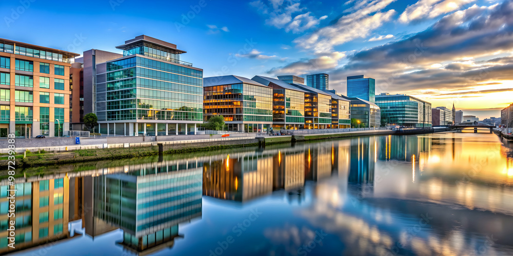 Fototapeta premium Modern offices and buildings alongside the Liffey river in Dublin , Dublin, architecture, modern, cityscape