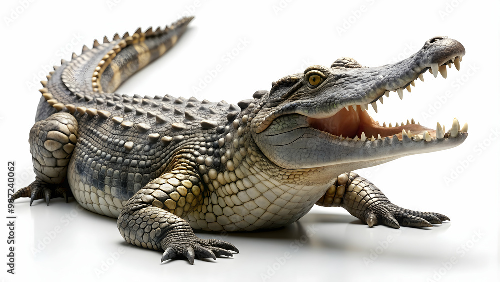 Naklejka premium Realistic crocodile facing right with closed mouth and four legs on the ground , reptile, predator, wildlife, alligator