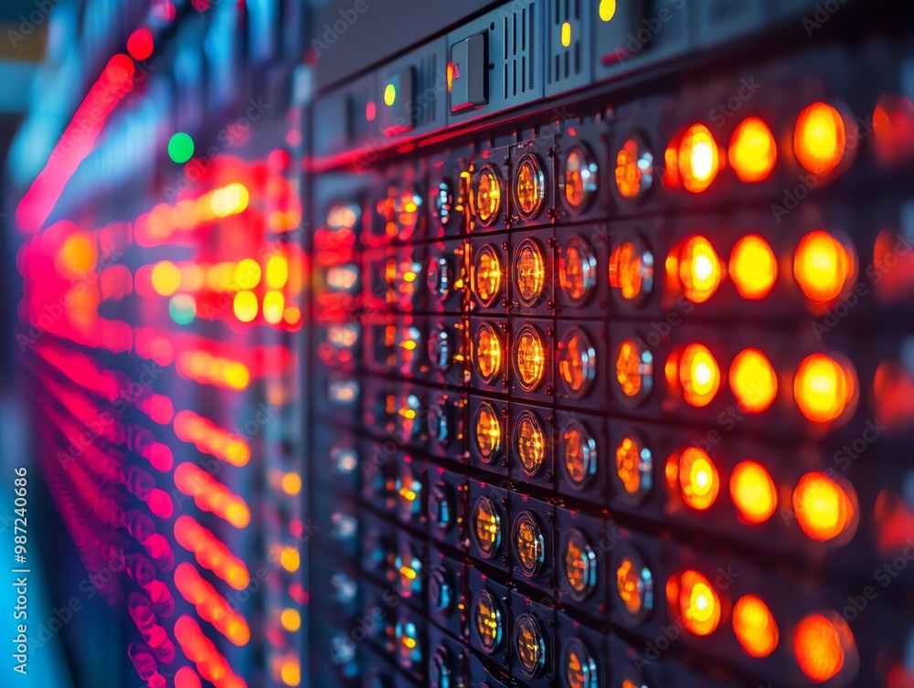 Close-up of a server rack with glowing lights, displaying technological progress and connectivity. Close-up of a server rack with glowing lights, displaying technological progress and connectivity.