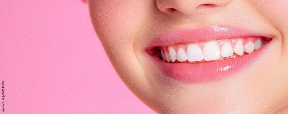 Obraz premium Close-up of a young woman with a beautiful smile, emphasizing her clear complexion