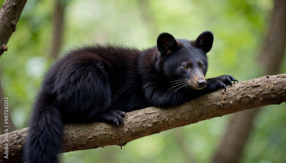 Close up of a sun bear resting on a tree branch in a lush green forest Close up of a sun bear resting on a tree branch in a lush green forest