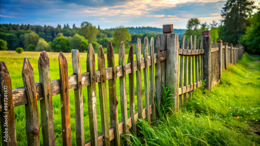 Obraz premium Old chipped wood fence in the countryside , weathered, worn, rustic, vintage, background, texture, wooden, aged, rural