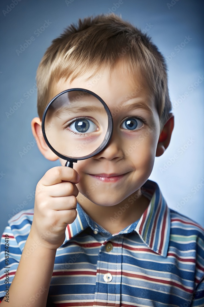 Curious child exploring with magnifying glass on playful adventure Curious child exploring with magnifying glass on playful adventure