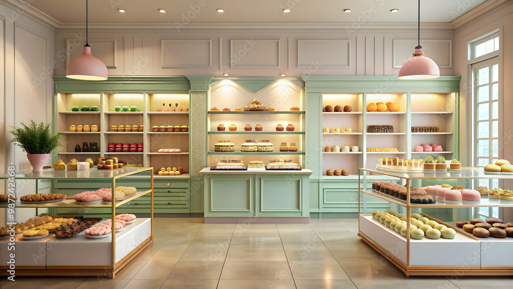 Pastel pastry shop with shelves full of various sweets, pastry, shop, pastel, sweets, dessert, bakery, display, colorful Pastel pastry shop with shelves full of various sweets, pastry, shop, pastel, sweets, dessert, bakery, display, colorful