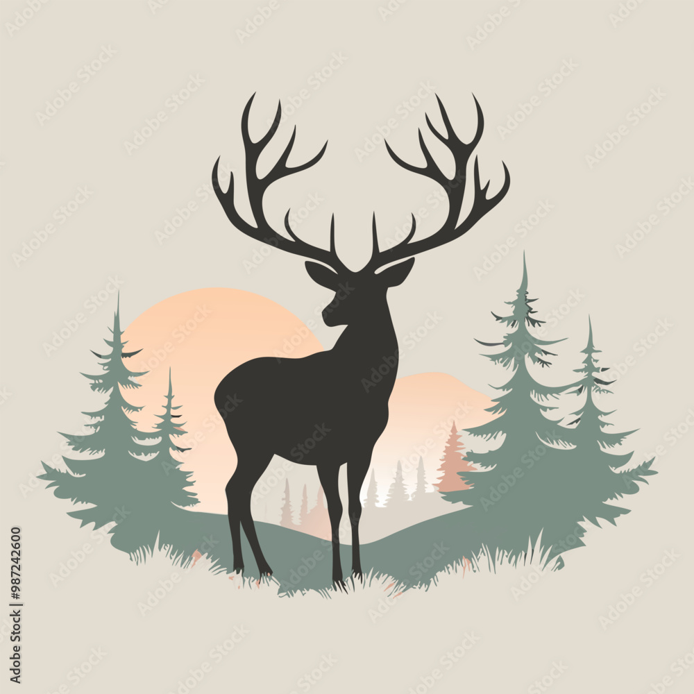 a black and white silhouette of a deer standing in the middle of a forest. vector silhouette a black and white silhouette of a deer standing in the middle of a forest. vector silhouette