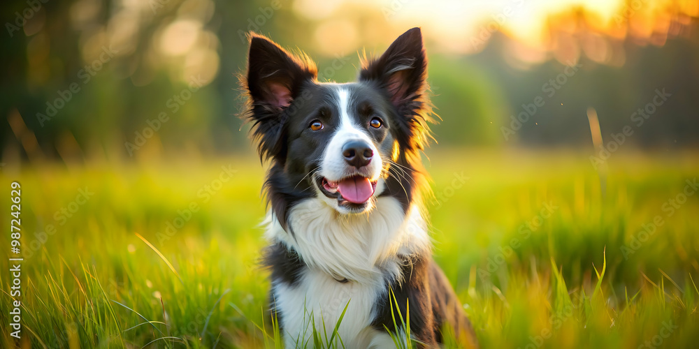 Border Collie dog with one ear raised in a grassy field, adorable, playful, pet, canine, intelligent, fluffy, fur Border Collie dog with one ear raised in a grassy field, adorable, playful, pet, canine, intelligent, fluffy, fur