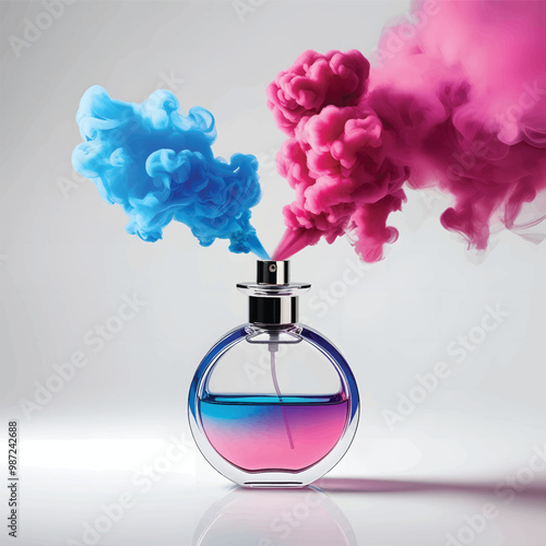perfume bottle round shape pink and blue gradient color smoke like fragrance coming out
